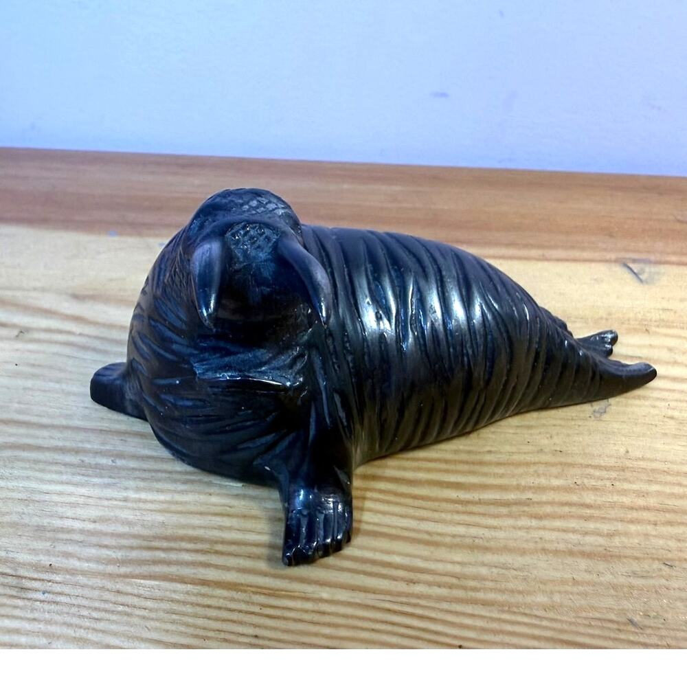 Handmade India Black Metal Walrus Figurine Sculpture 5.5" Coastal Decor